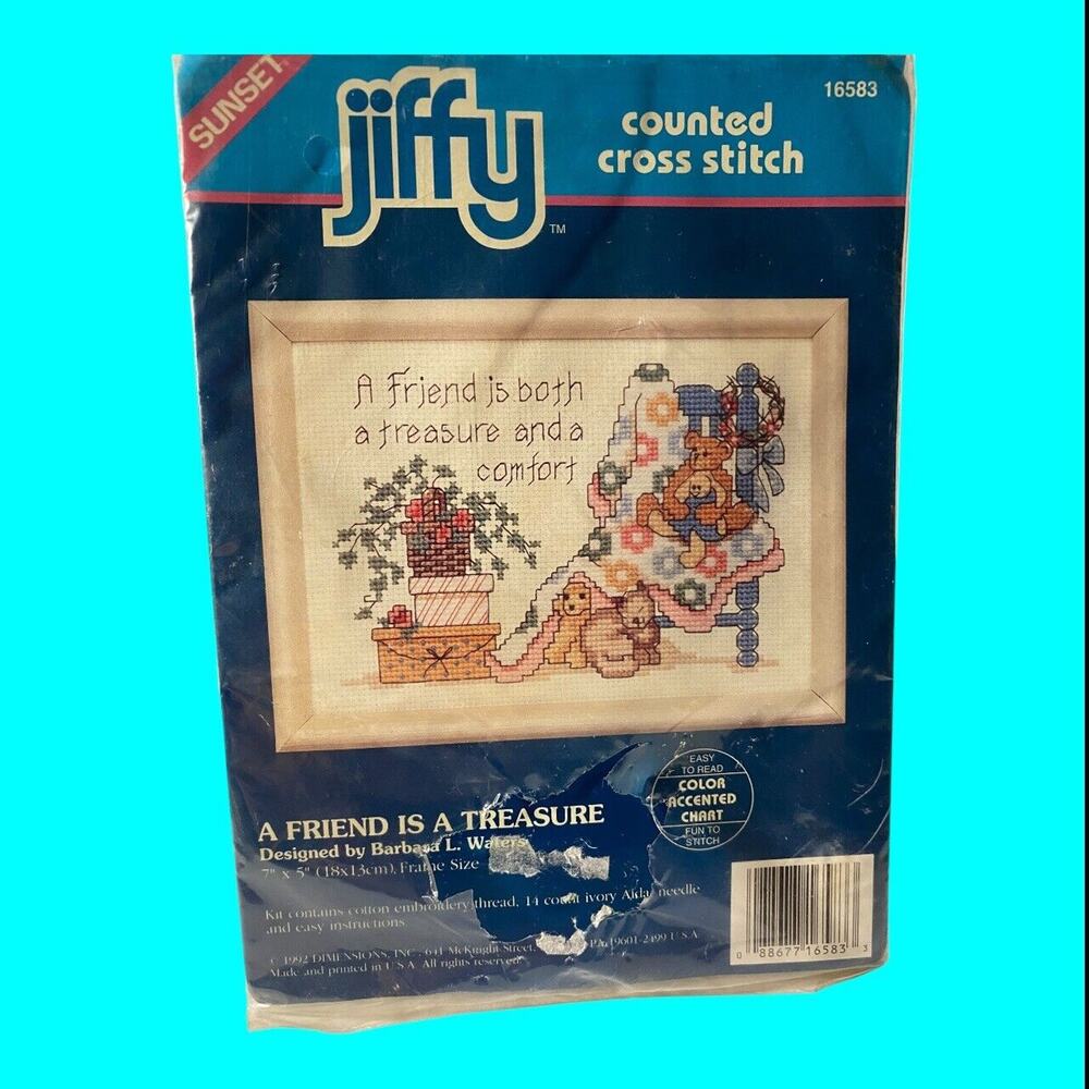 Vtg Jiffy Cross Stitch Kit Sampler Friend Is A Treasure And Comfort 7x5 1992